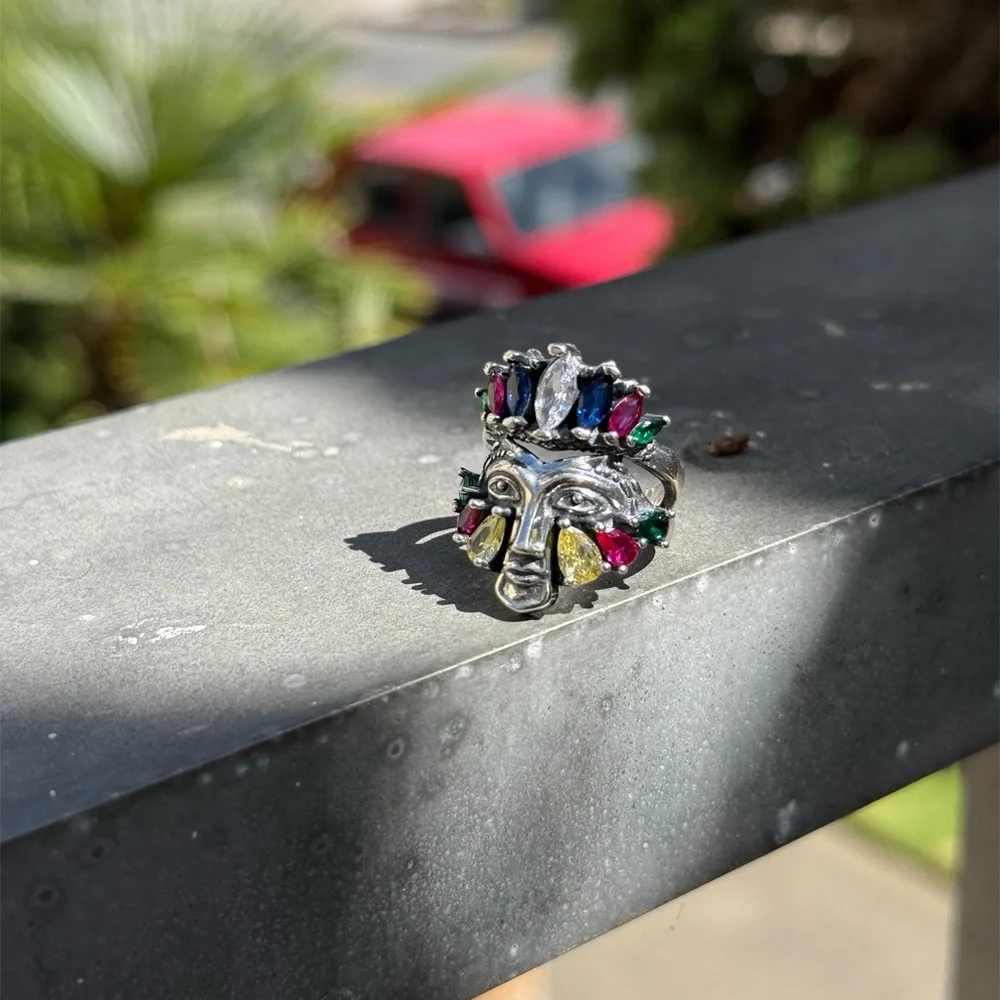 Colorful Face Ring 925 Sterling Silver | Adjustable Size 7